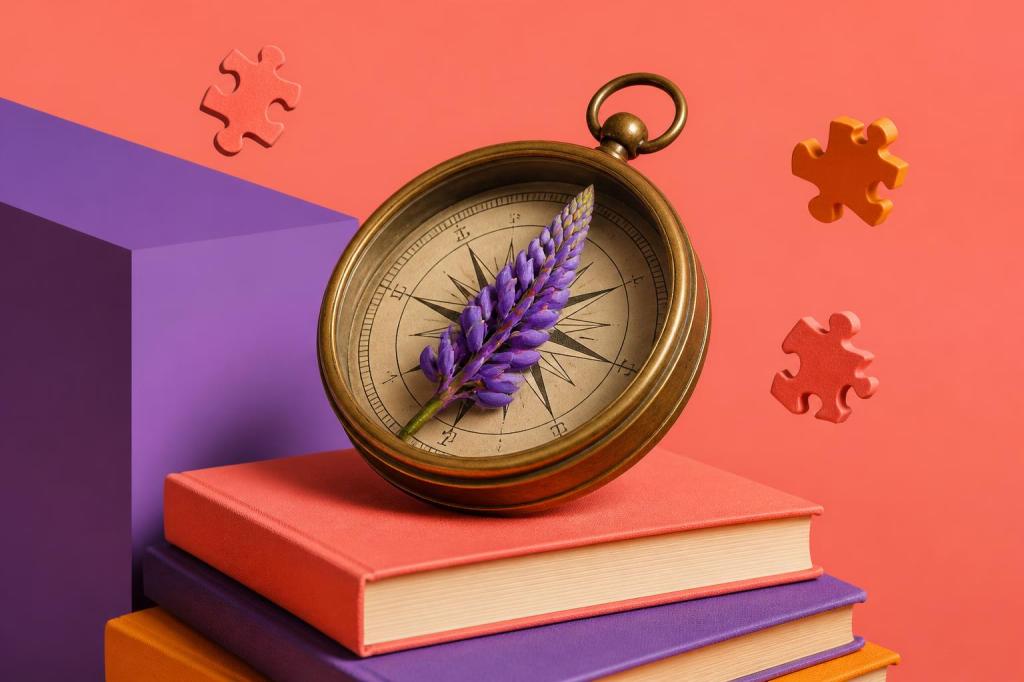 Surreal still life of a brass compass with a lupine flower for a needle, resting on books
