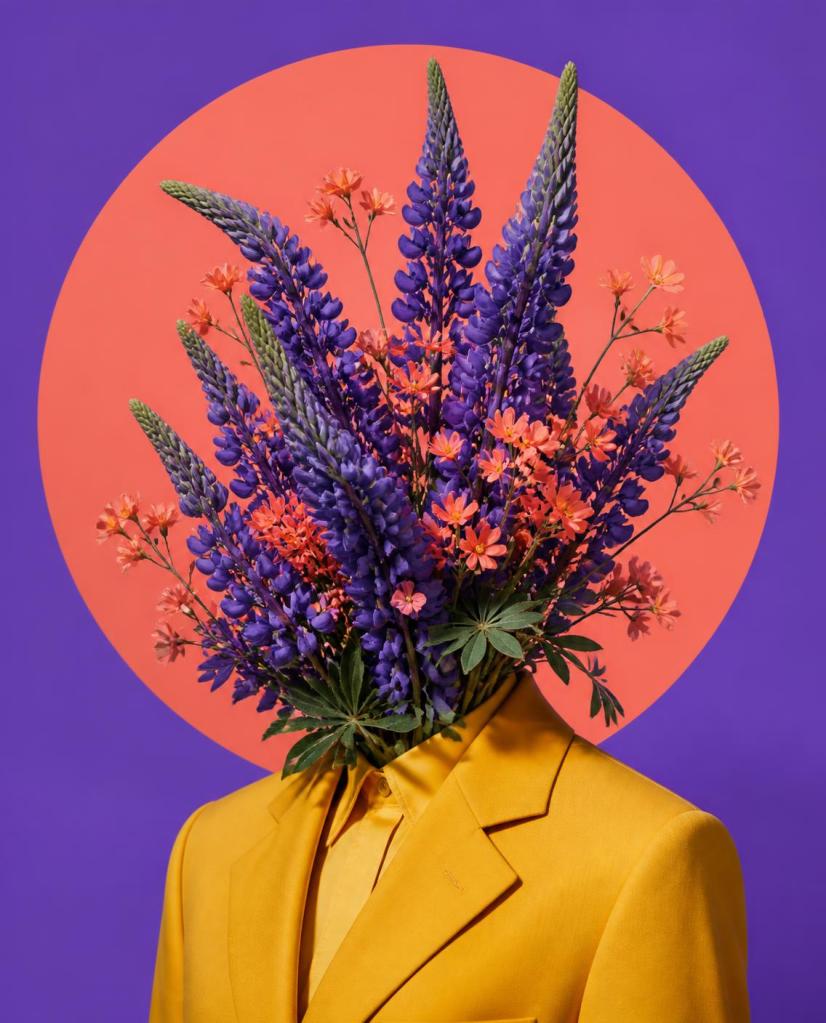 Surreal portrait of a person in a mustard suit whose head is a bouquet of violet lupine flowers