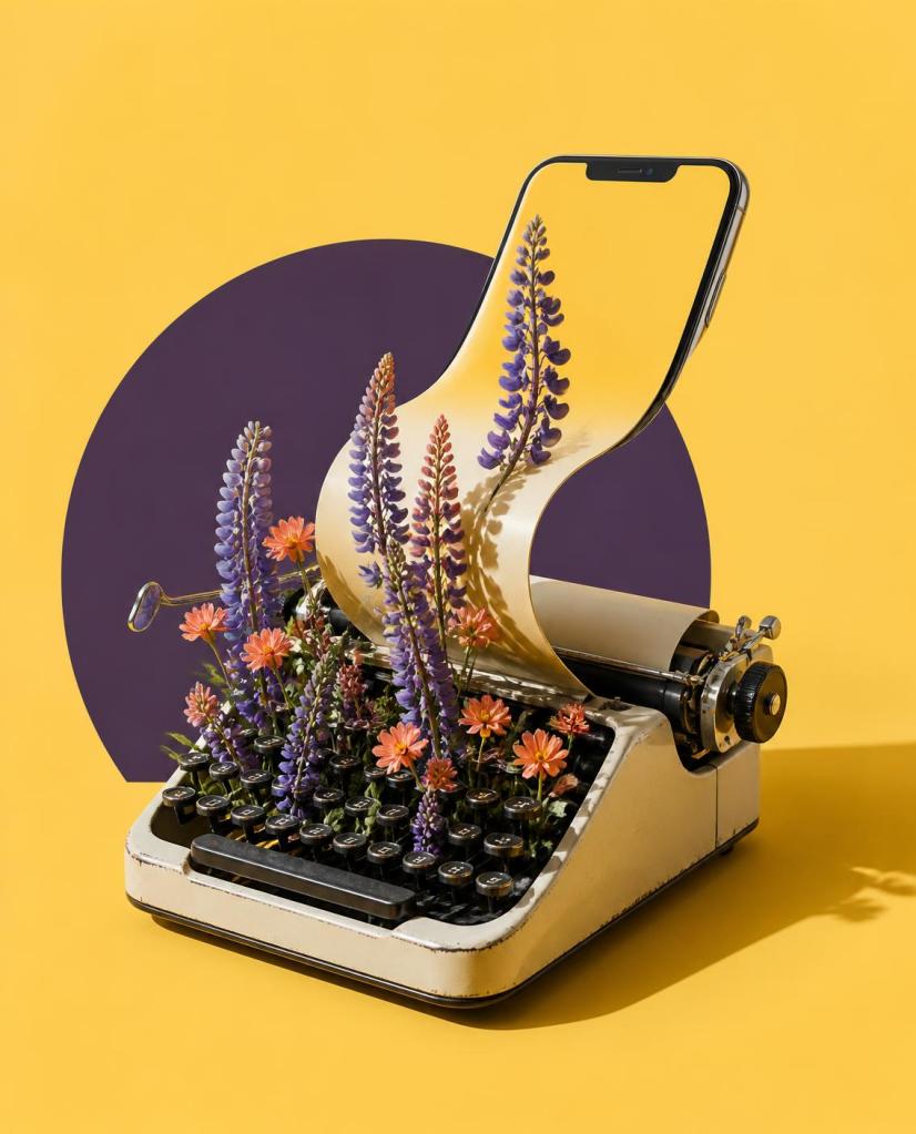 Surreal still life of a vintage typewriter turning into a smartphone, with lupine flowers growing from the keys
