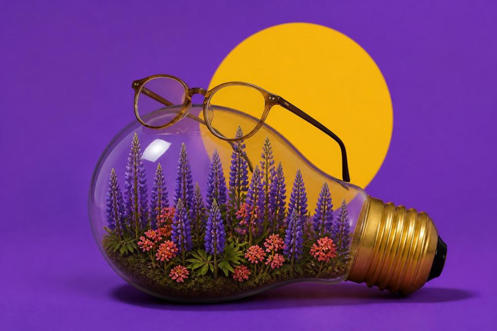 Surreal still life of a light bulb filled with a tiny field of violet lupine flowers